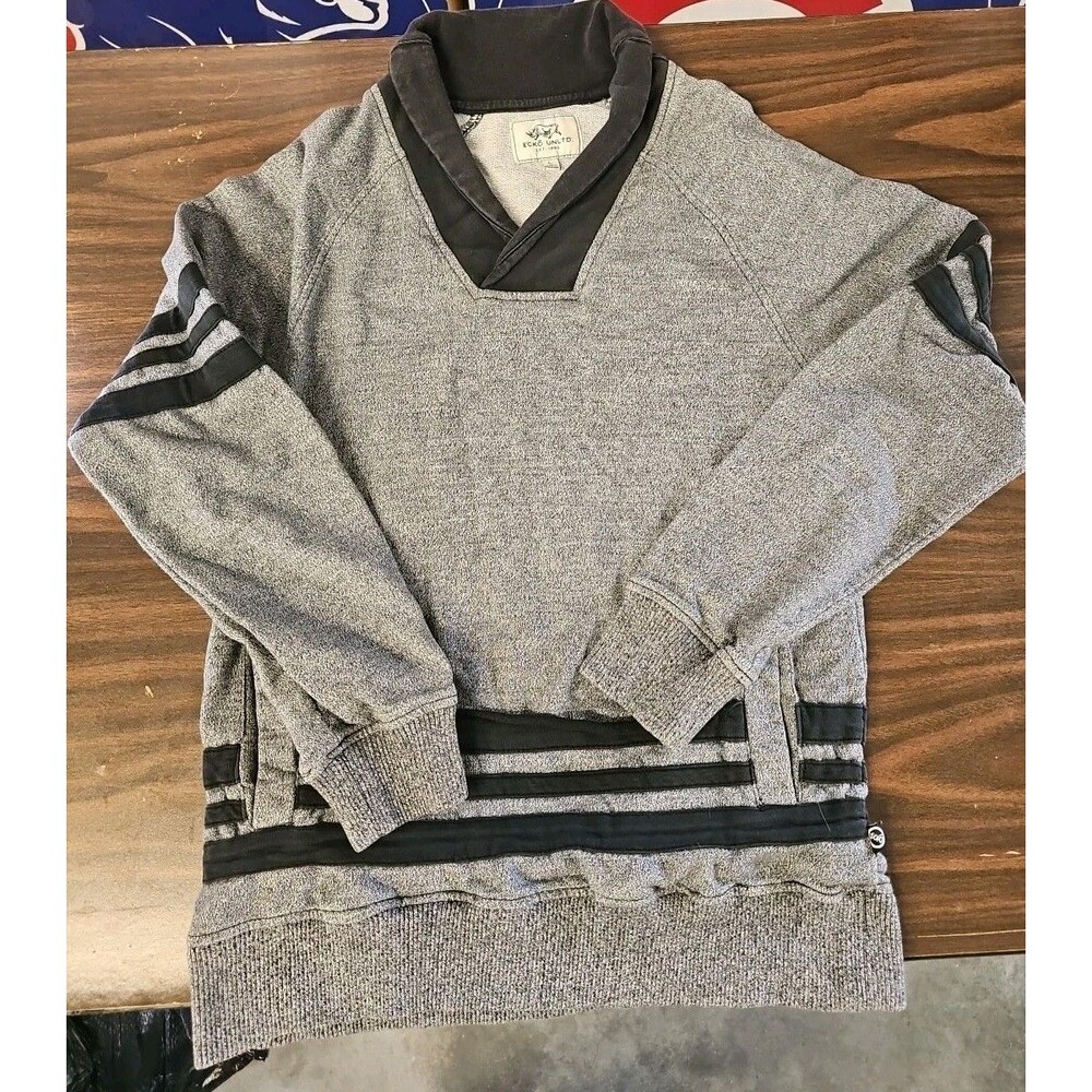 Ecko Unltd Sweater Mens Large Black Gray Knit Shawl Collar Pullover Long Sleeve
